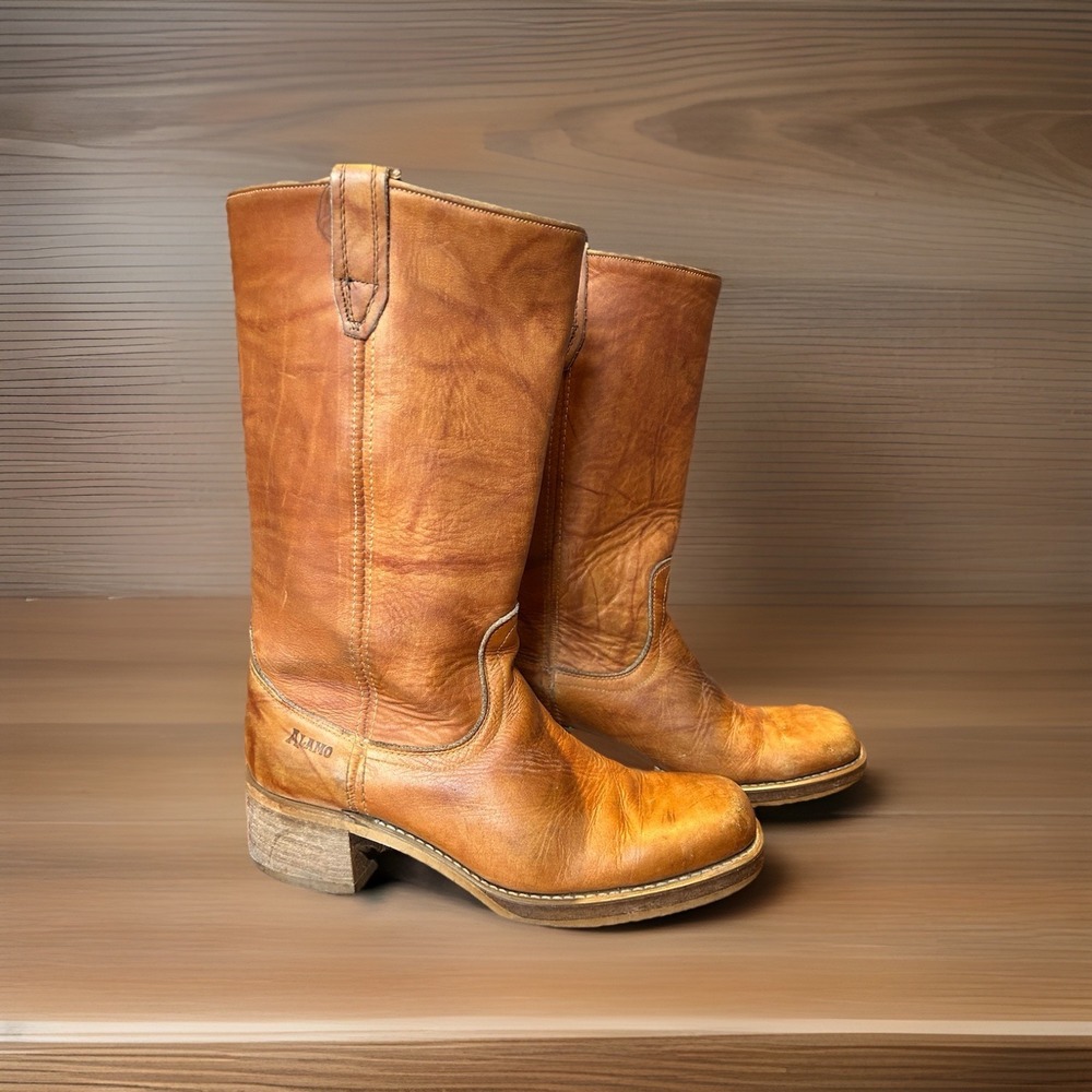 Vintage Campus Boots 70s Square Toe Mens 9 D Women 10.5 Honey Brown Alamo